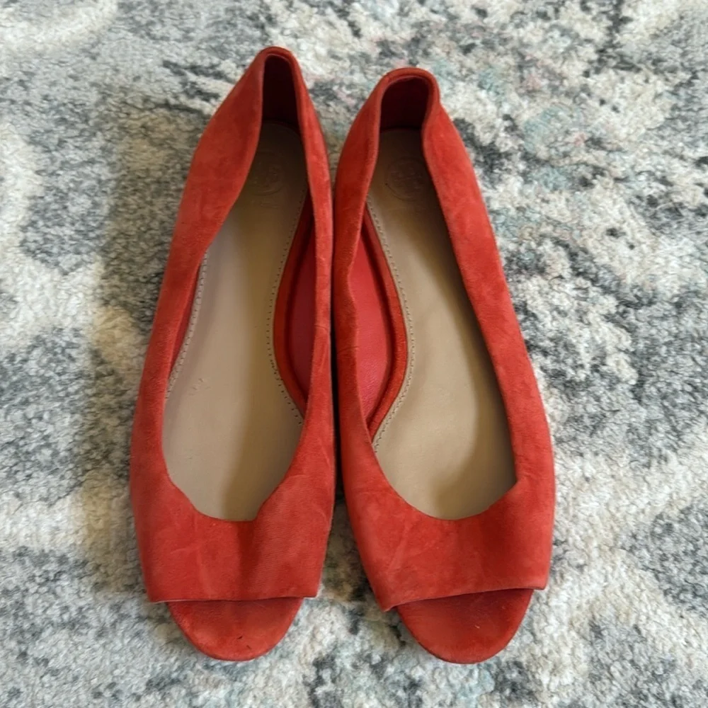 Tory Burch Salinas Peep Toe Flats in Orange Suede